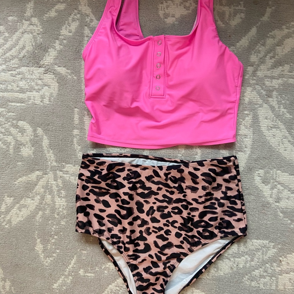 Pink and Leopard Print Women's High Waisted Two Piece Bikini